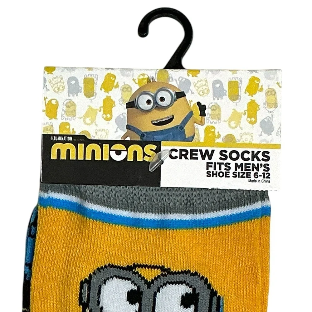 Despicable Me Minions  Novelty Crew Socks Yellow Blue Unisex Mens 6-12 Shoe Size